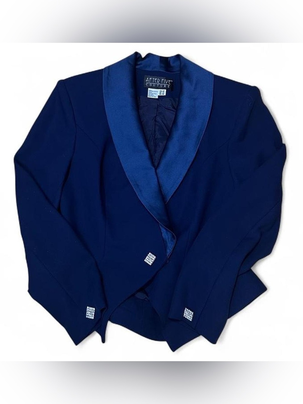 Vintage Navy Satin Trim Evening Jacket Rhinestone Button Size 10